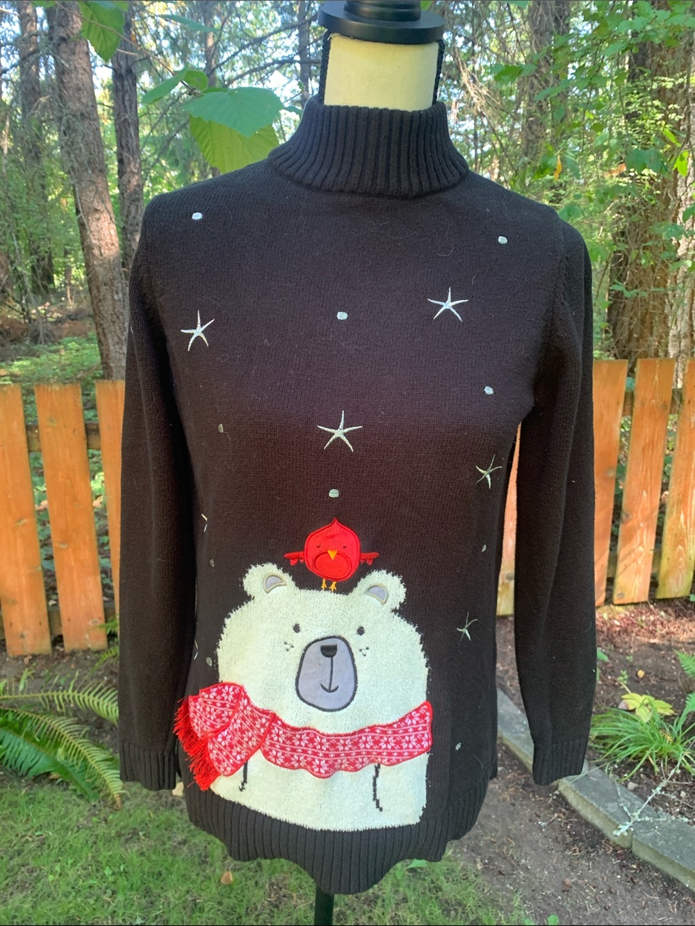 Christopher & Banks Black Turtleneck Sweater with Polar Bear and Red Scarf